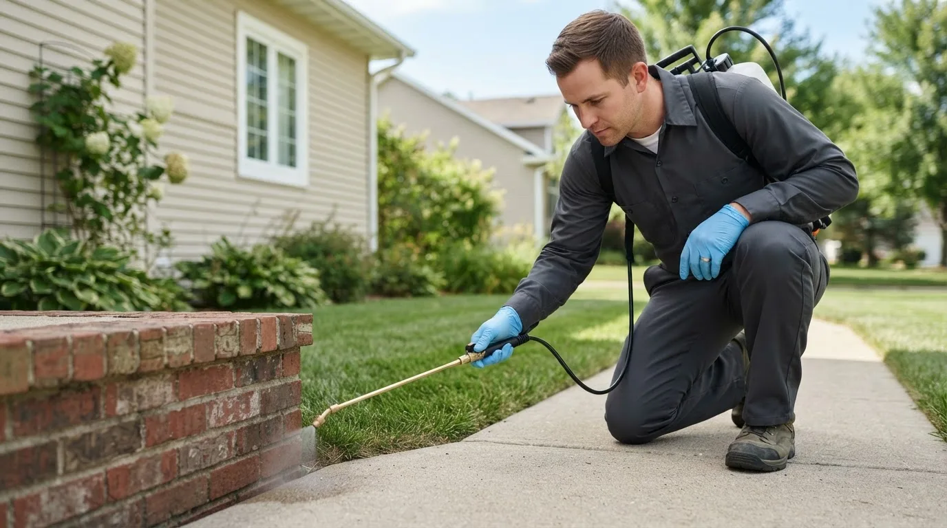 Pest control technician treating a home near Monroe, MI